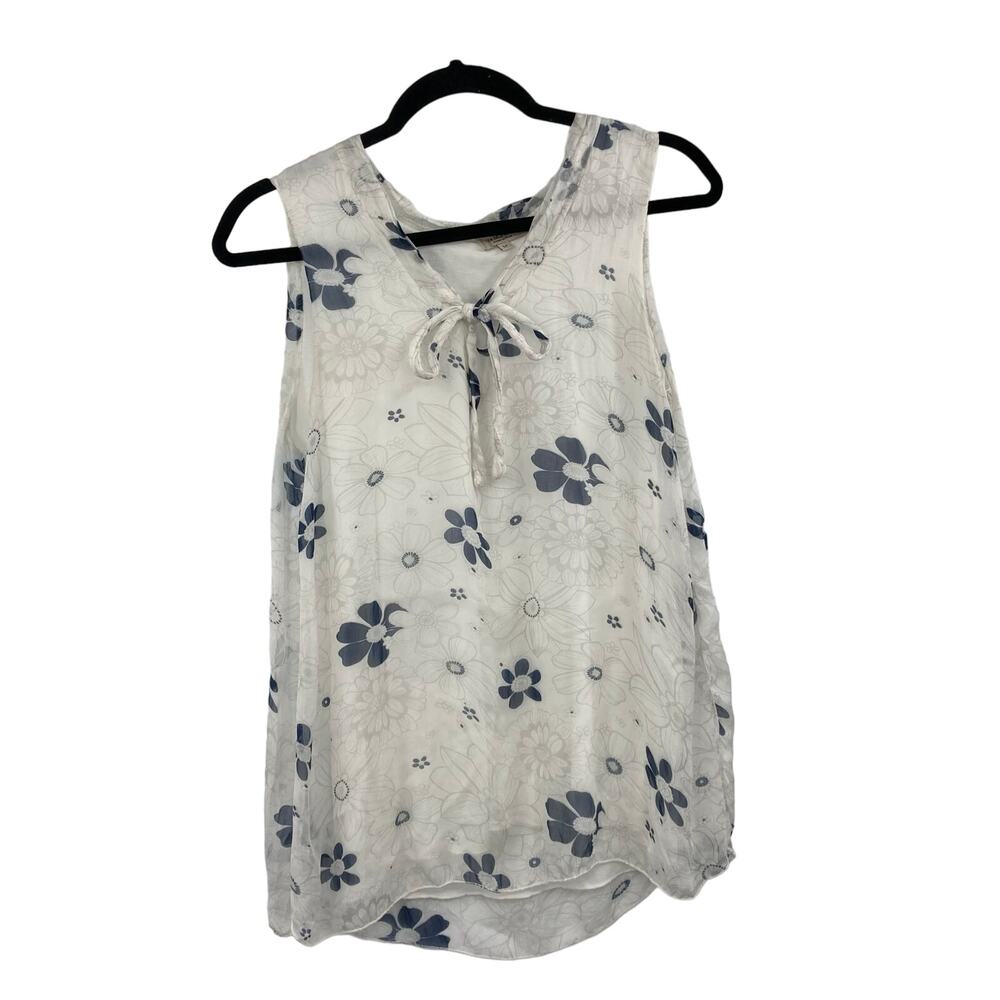 Via Signoria Silk Floral White Blue Flowy Sleeveless Blouse Bow Medium Italy